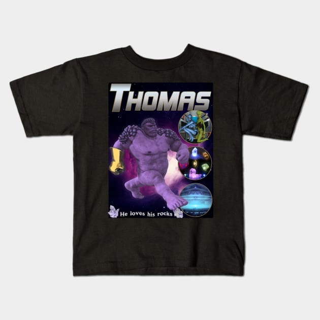 THOMAS *He Loves His Rocks* Knock Off Brand Parody Meme Spoof MCU Super Hero Rap Tee Kids T-Shirt by blueversion